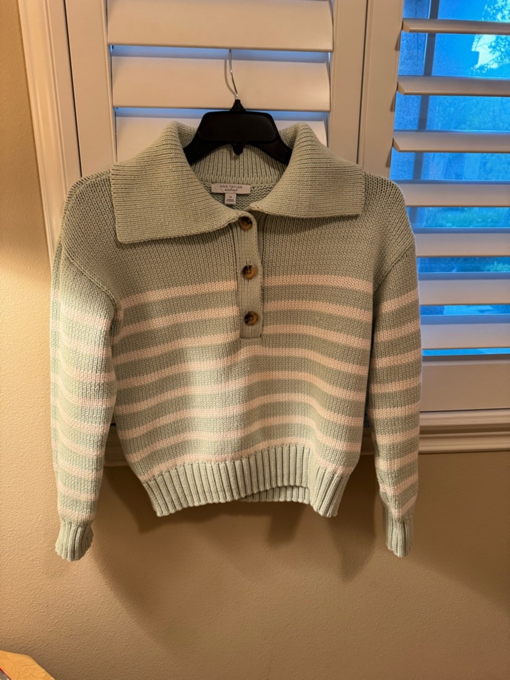 Ann Taylor Mint Green and White Striped V‑Neck Button Sweater - Picture 3 of 3